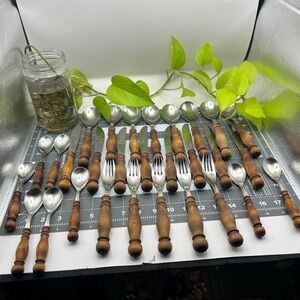 WMF Cromargan Burgund Flatware Set 29pc German Hand Turned Teak Handles MCM